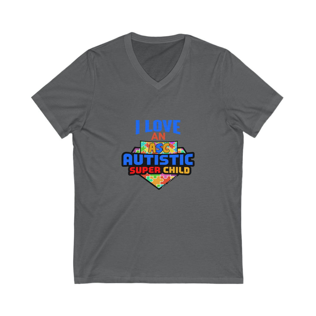 I love an Autistic Super Child Unisex V-Neck Autism Awareness Tee - I Love an Awesome Autistic Super Child, Support Autism, Gift for Parents, Special Needs, Awareness Day