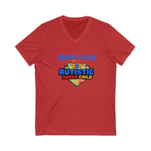 Load image into Gallery viewer, Proud Sisterof an Autistic Super Child V-Neck Tee - Unisex Short Sleeve Shirt for Autism Awareness, Supportive Gift for Special Needs Siblings, Casual Everyday Wear

