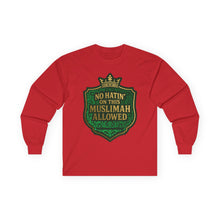 Load image into Gallery viewer, Crown No Hatin’ On This Muslimah Allowed  Long Sleeve Tee, Comfortable Tee for Everyday Wear, Great for Gifts, Cultural Celebrations, Appreciation Events
