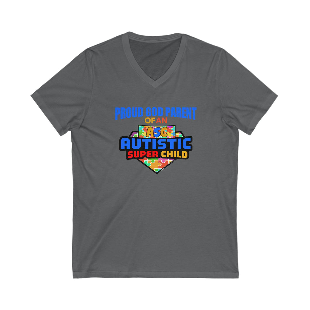 Proud God Parent of an Autistic Super Child V-Neck Tee, Autism Awareness Shirt, Unisex Tee, Gift for Parents, Special Needs Support Clothing