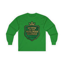 Load image into Gallery viewer, Crown No Hatin’ On This Muslimah Allowed  Long Sleeve Tee, Comfortable Tee for Everyday Wear, Great for Gifts, Cultural Celebrations, Appreciation Events
